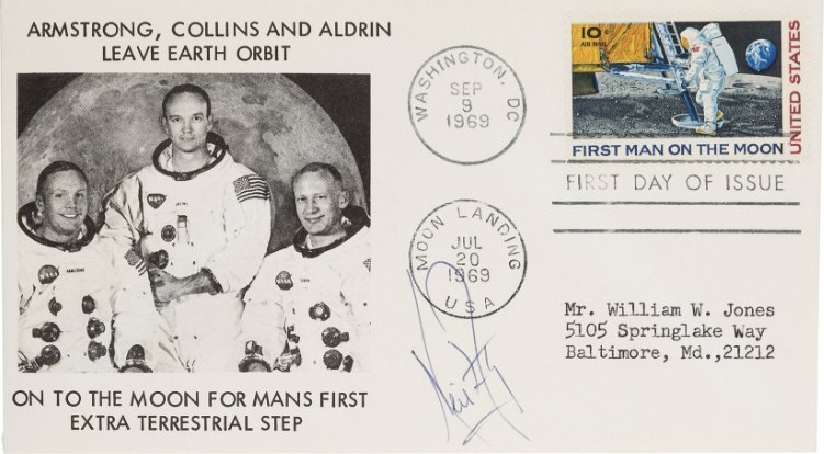 Apollo 11 First Man On The Moon Stamp: Crew Individually-Signed First Day Covers