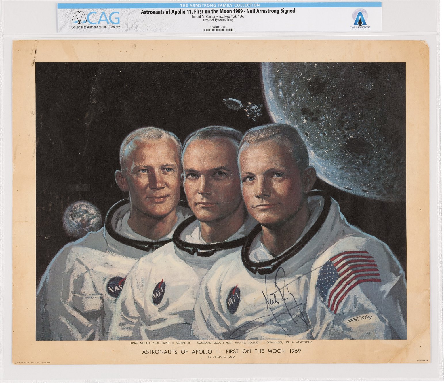 Neil Armstrong Signed Large Color Apollo 11 Art Print by Alton S. Tobey Directly From The Armstrong Family Collection™, CAG Certified