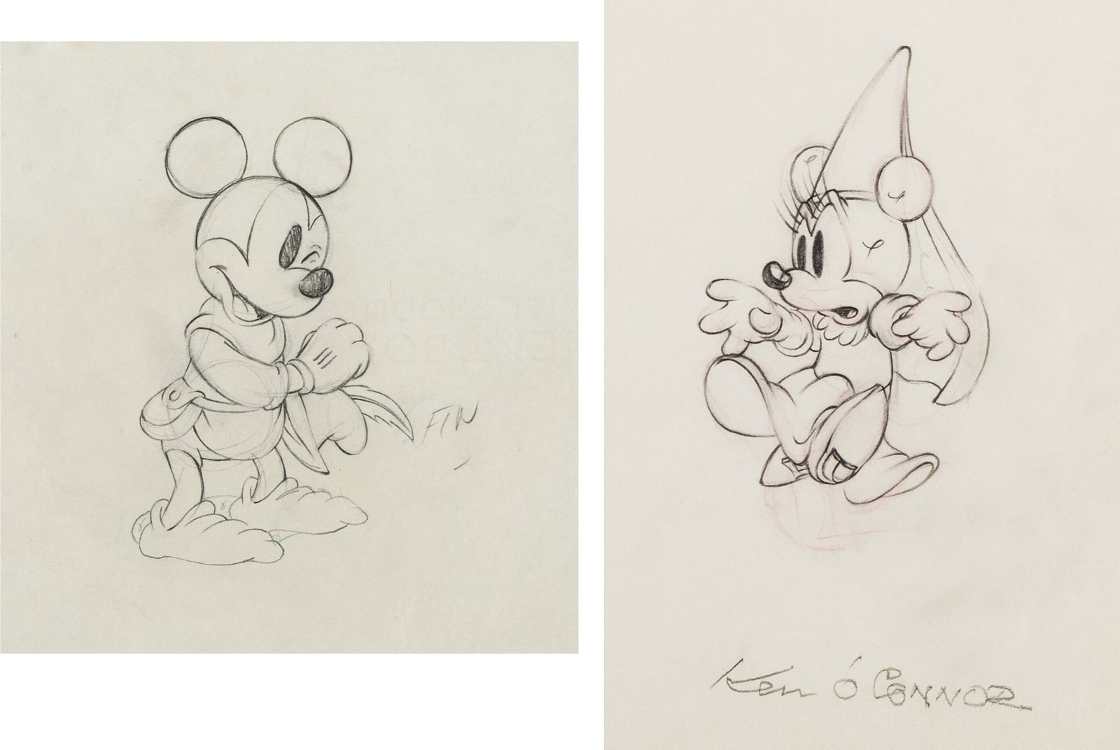 Brave Little Tailor Mickey Mouse and Minnie Mouse Animation Drawing Signed by Ken O' Connor Group of 2