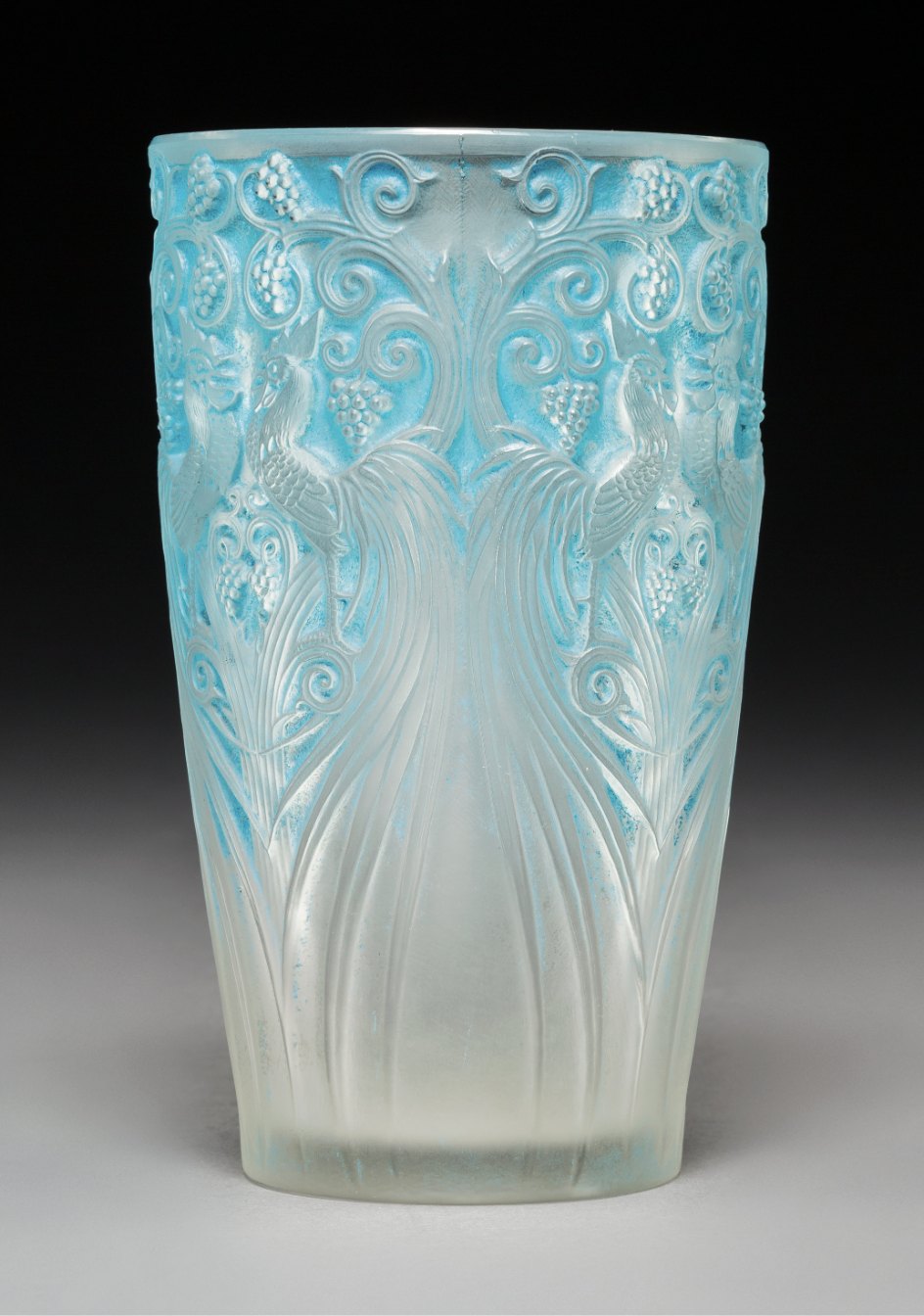 R. Lalique Coqs et Raisins Frosted Glass Vase with Blue Patina