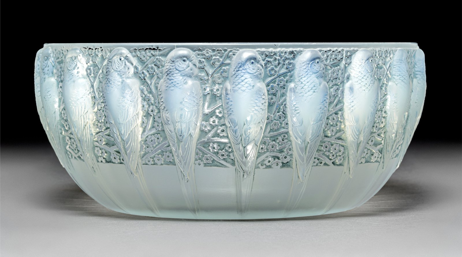 R. Lalique Perruches Opalescent Glass Coupe with Blue Patina